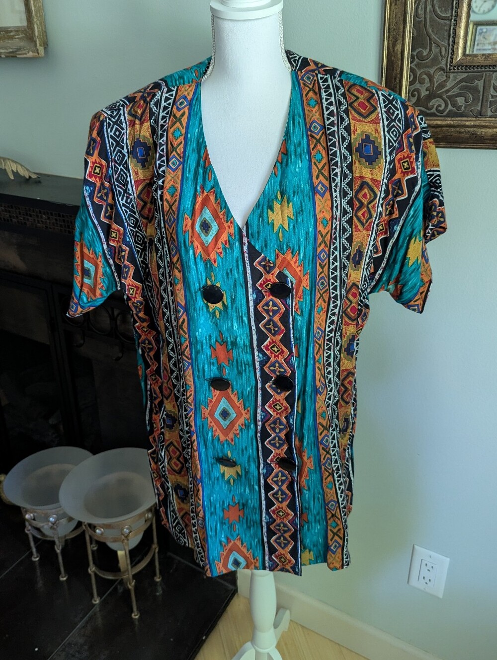 80s/90s Vintage Double Breasted Blazer Jacket Loose Large Southwestern Print